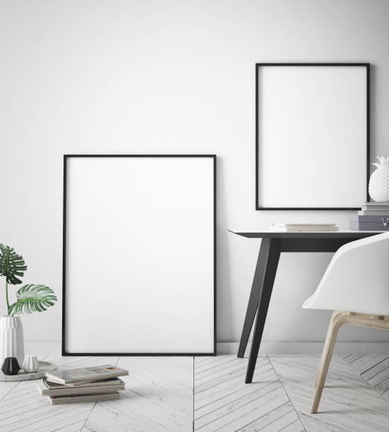 istock mock up poster frame in hipster interior background, scandinavian style, 3D render 842430442