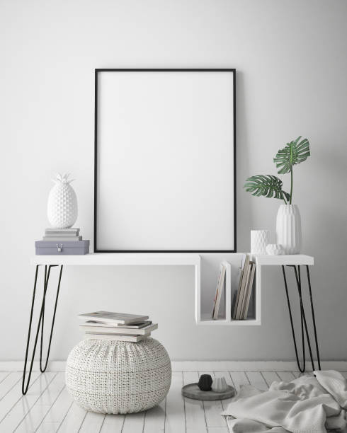 istock mock up poster frame in hipster interior background, scandinavian style, 3D render 842430530