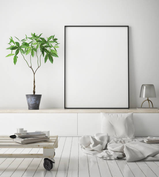 istock mock up poster frame in hipster interior background, scandinavian style, 3D render 842430578
