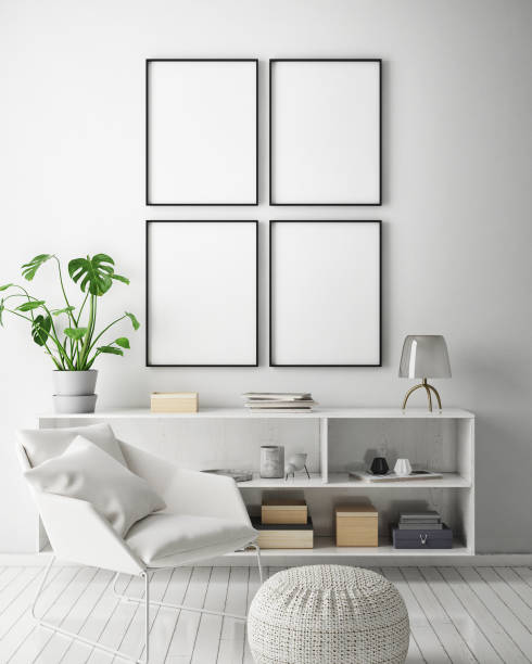 istock mock up poster frame in hipster interior background, scandinavian style, 3D render 842430752