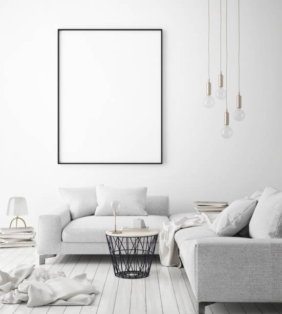 istock mock up poster frame in hipster interior background, scandinavian style, 3D render 842430788