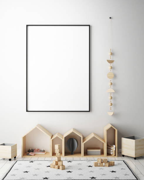 mock up poster frames in children bedroom, Scandinavian style interior background, 3D render