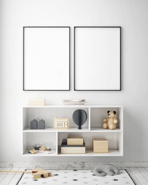 makety plakátových rámů v dětské ložnici, vnitřní pozadí ve skandinávském stylu, 3d render - ložnice fotky - stock snímky, obrázky a fotky