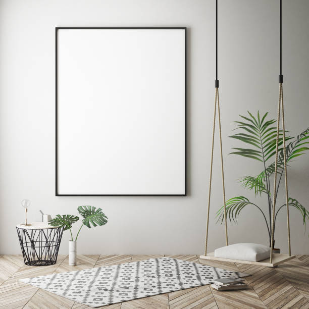 istock mock up poster frame in hipster interior background, scandinavian style, 3D render 842431106