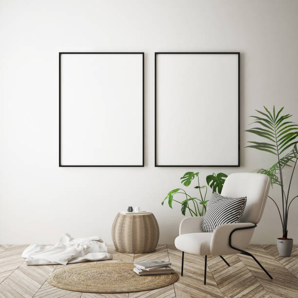 istock mock up poster frame in hipster interior background, scandinavian style, 3D render 842431310