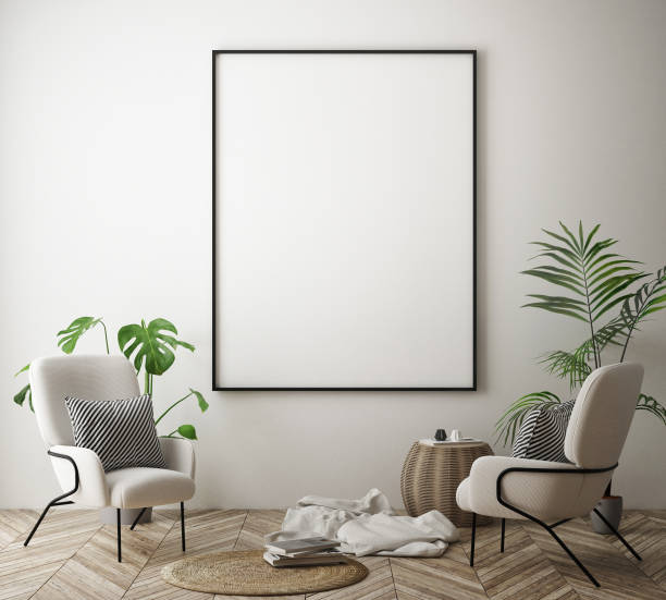 istock mock up poster frame in hipster interior background, scandinavian style, 3D render 842431384