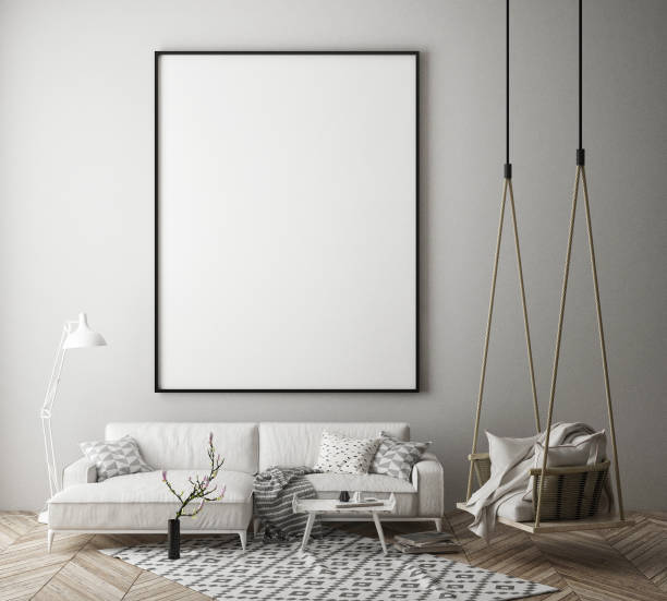 istock mock up poster frame in hipster interior background, scandinavian style, 3D render 842431436