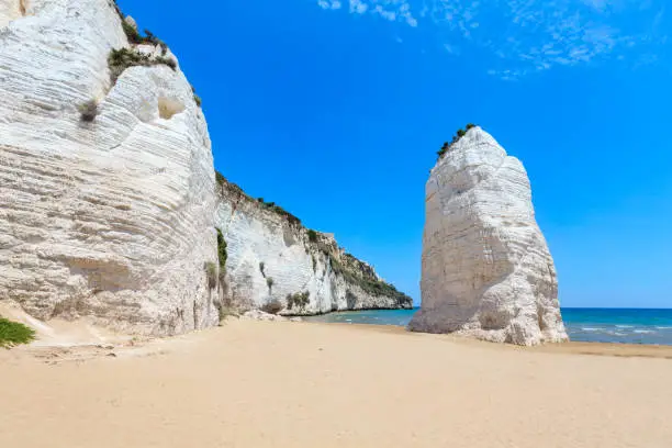 Summer picturesque Beach of Pizzomunno famous white rock, in Vieste, Gargano coast, Puglia, Italy