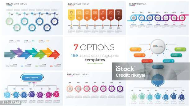 Collection Of Eight Vector Templates For Infographics With 7 Options Steps Processes Stock Illustration - Download Image Now