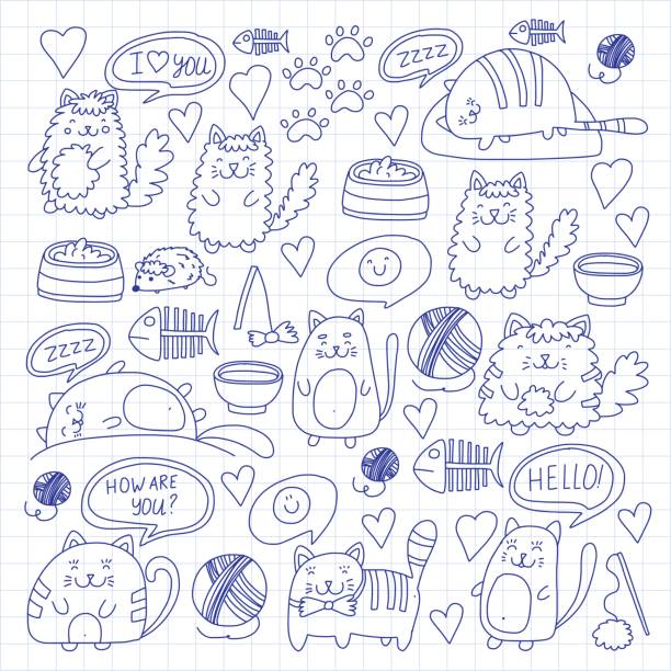 Cute kittens Cat icons Kids drawing Children drawing Doodle domestic cats for veterinary, cattery, zoo, kindergarten, pre-school Cat's nursery Cute kittens Cat icons Kids drawing Children drawing Doodle domestic cat for veterinary, cattery, zoo, kindergarten, pre-school Cat's nursery pet toy stock illustrations