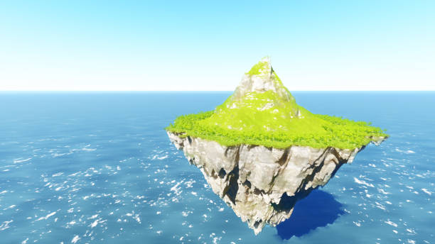 istock Amazing island floating in the air blue sky 3D render 842432810