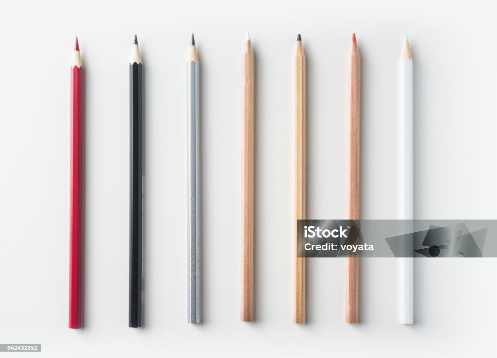 Top view of collection of pens on white background desk Top view of collection of pens on white background desk for mockup Pencil Stock Photo