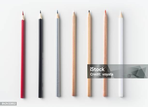 Top View Of Collection Of Pens On White Background Desk Stock Photo - Download Image Now