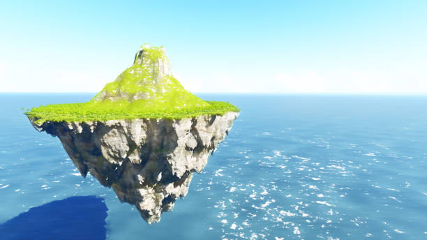 istock Amazing island floating in the air blue sky 3D render 842432854