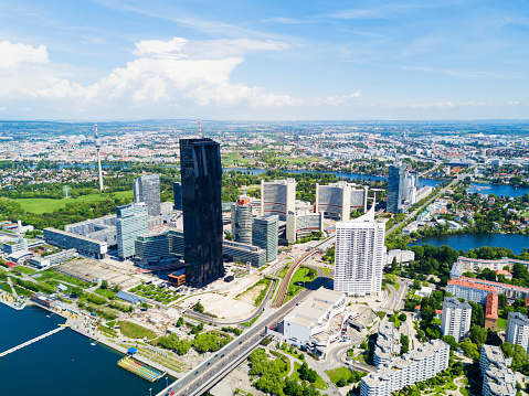 Danube City aerial panoramic view. Donaustadt is the district of Vienna, Austria. Danube City is a modern quarter with skyscrapers and business centres in Vienna, Austria.
