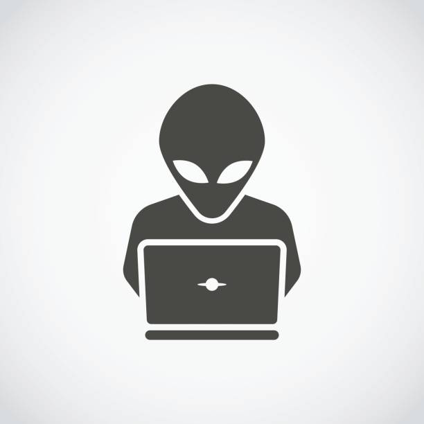 illustrations, cliparts, dessins animés et icônes de étrangers avec l’icône de l’ordinateur portable. être extraterrestre - mascot alien space mystery