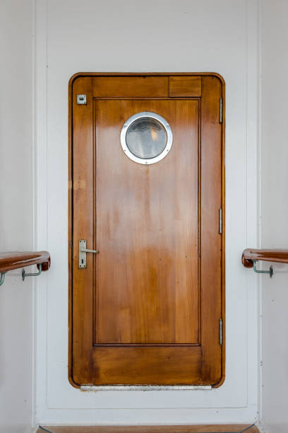 vintage wooden narrow door on old ship - wood yacht textured nautical vessel imagens e fotografias de stock