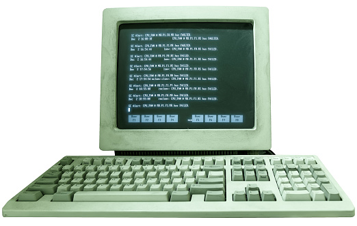 old working computer with the text on the monitor isolate on white background