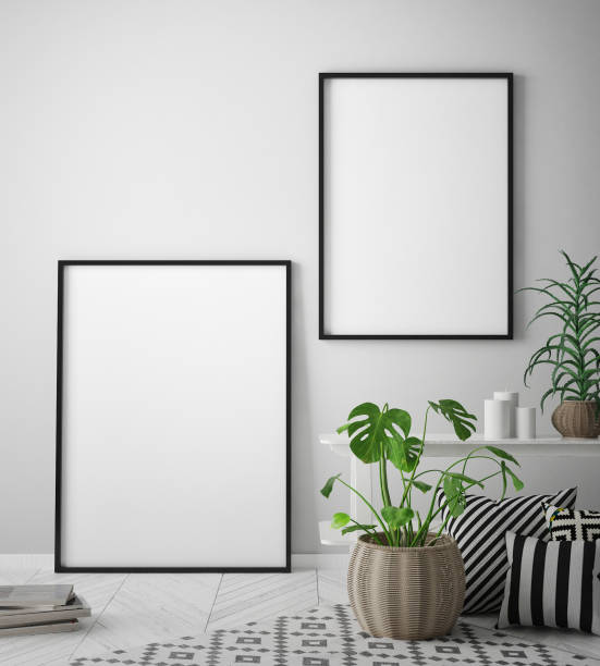 istock mock up poster frame in hipster interior background, scandinavian style, 3D render 842433984