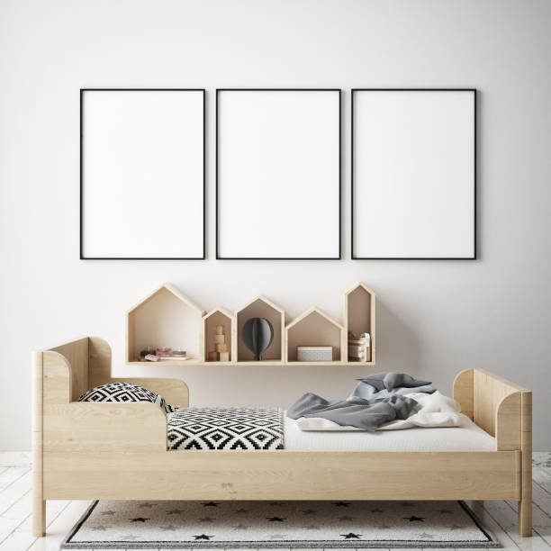 mock up poster frames in children bedroom, Scandinavian style interior background, 3D render stock photo
