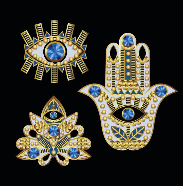 istock Hamsa, all-seeing eye and lotus patches, embroidered with beads, sequins and jewelry. Vector illustration. 842437348