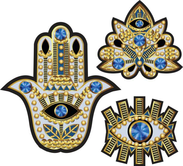 istock Hamsa, all-seeing eye and lotus patches, embroidered with beads, sequins and jewelry. Vector illustration. 842437376