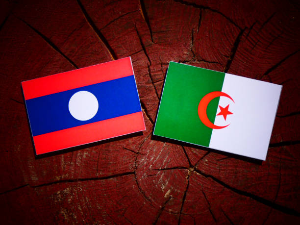 istock Laos flag with Algerian flag on a tree stump isolated 842443894