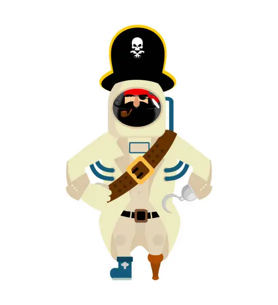 Vector illustration of Space pirate. filibuster spaceman. buccaneer Cosmonaut in protective suit. rover astronaut in helmet. Eye patch and smoking pipe. pirates cap. Bones and Skull