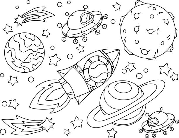 illustrations, cliparts, dessins animés et icônes de la fusée vole vers la lune, cahier de coloriage. anti-stress, planète, terre et lune illustration vetor dans le style d’icône. - science planet space rocket