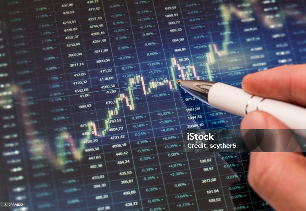 Computer monitor with trading software. Multiple exposure photography. Candle stick graph and bar chart of stock market investment trading. Analysis Forex price display on computer screen. Stock Certificate Stock Photo
