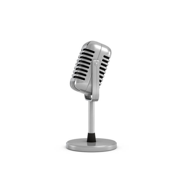 istock 3d rendering of a silver metal retro tabletop microphone with a round base 842444990