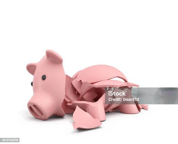 3d Rendering Of A Pink Ceramic Piggy Bank Completely Broken Up Into Several Large Pieces Stock Photo - Download Image Now