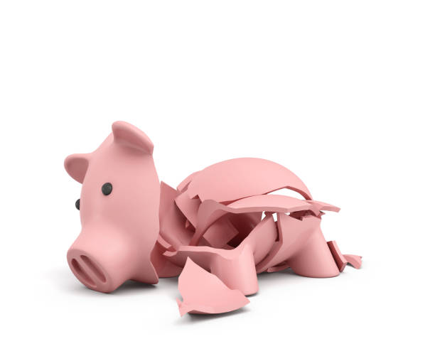 3d rendering of a pink ceramic piggy bank completely broken up into several large pieces - fracture imagens e fotografias de stock