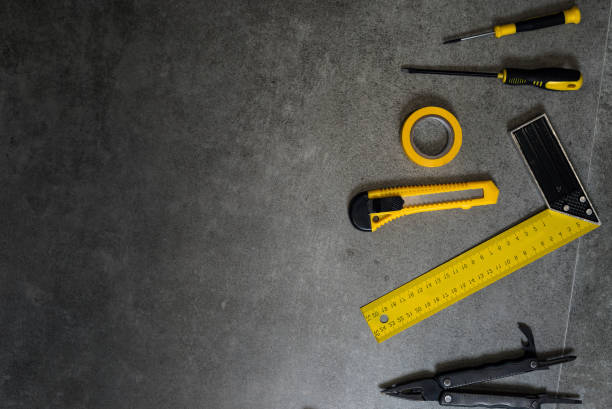 istock Building and project yellow tools concept. Stone desk. Top view, 842446250