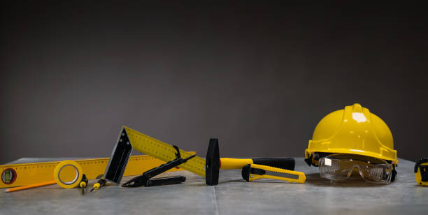istock Building and project yellow tools concept. Stone desk. Top view, 842446342