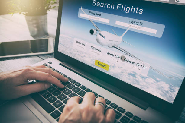 booking flight travel traveler search reservation holiday page booking flight travel traveler search ticket reservation holiday air book research plan job space technology startup service professional now marketing equipment concept - stock image commercial airplane stock pictures, royalty-free photos & images