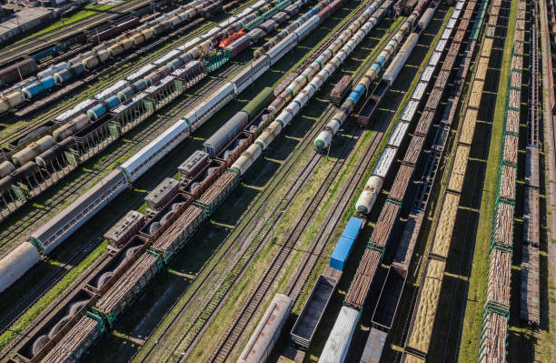 istock Aerial view of colorful freight wagons 842448792