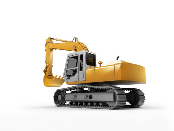 istock Hydraulic Excavator with bucket isolated on white. 3d illustration. Rear side view. Wide angle 842450016