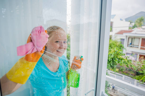 istock Beautiful female maid doing the housework while using a spray, washing windows 842451360