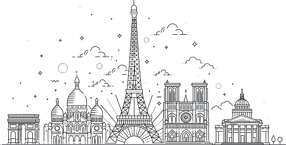 Vector illustration drawn in a linear style, it shows the main symbols of France. Paris vector icon. Paris building outline.