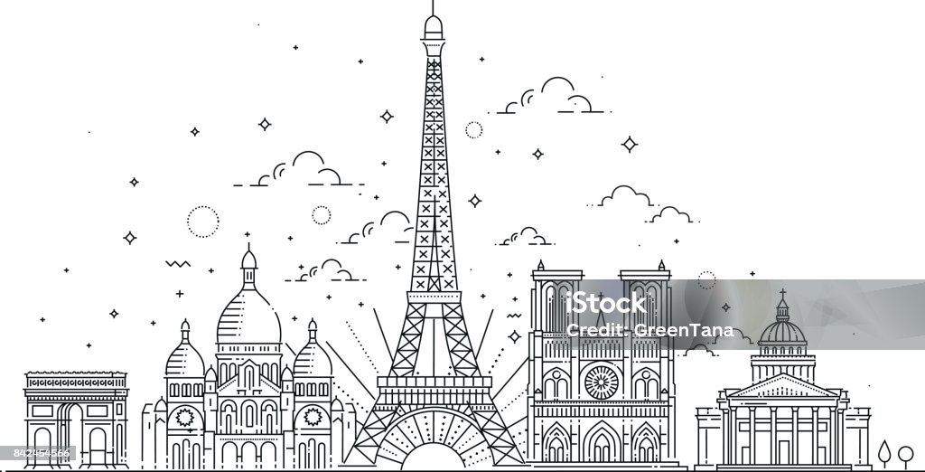 Architectural landmarks of Paris Vector illustration drawn in a linear style, it shows the main symbols of France. Paris vector icon. Paris building outline. Paris - France stock vector