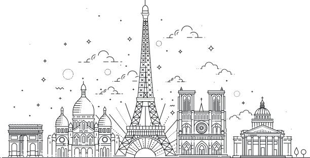 Architectural landmarks of Paris Vector illustration drawn in a linear style, it shows the main symbols of France. Paris vector icon. Paris building outline. paris france stock illustrations