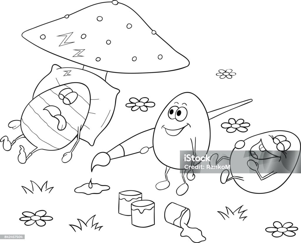 Easter coloring book with two eggs making prank on a third one Easter coloring book with two eggs making prank on a third one. Art stock vector