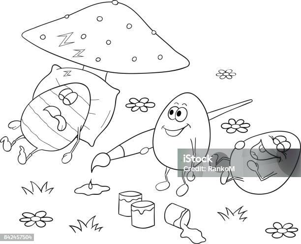 Easter Coloring Book With Two Eggs Making Prank On A Third One Stock Illustration - Download Image Now