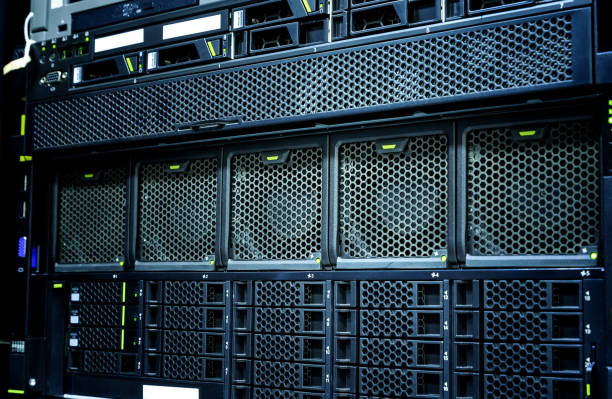 istock server data center closeup with details , fans, panel hard drives. 842458586