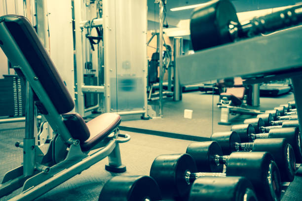 istock Fitness club weight training equipment 842459104