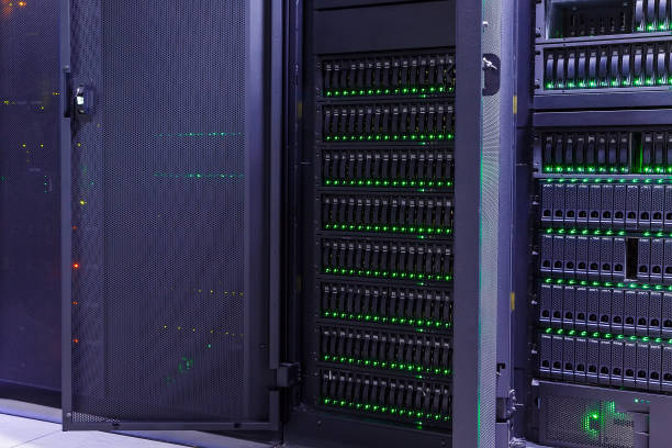 istock Dark server room of modern data center storage with blue lights 842459188