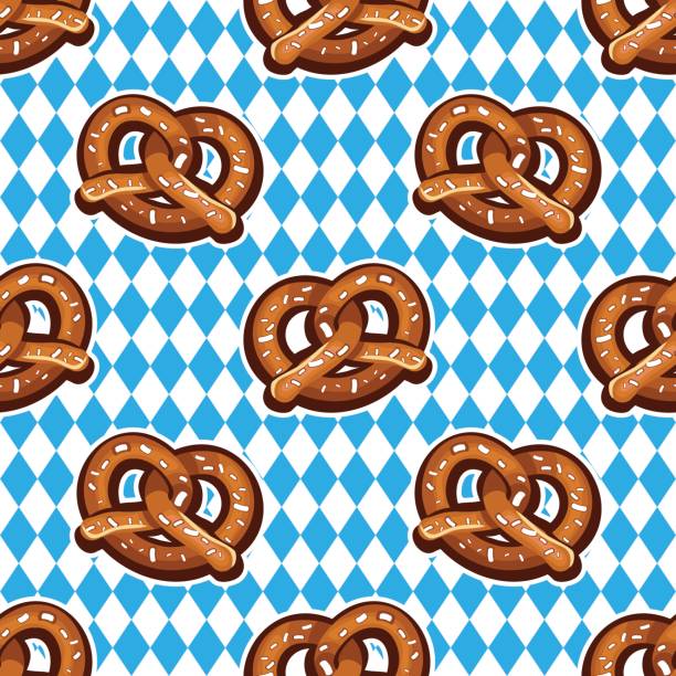 ilustraciones, imágenes clip art, dibujos animados e iconos de stock de patrón sin fisuras con pretzels para oktoberfest en el fondo de la bandera bávara. - pretzel sesame vector snack