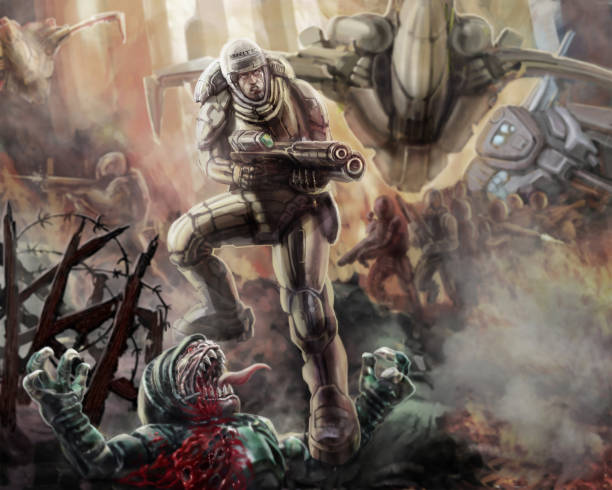 istock Soldier in a armor-suit with a large rifle fighting. Science fiction illustration. 842460786