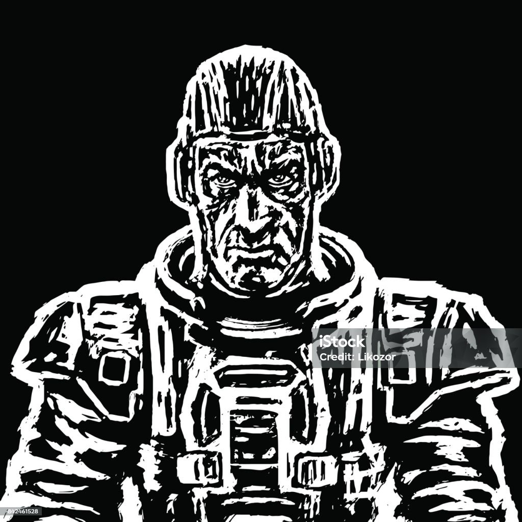 Old cosmonaut in a space suit without a helmet in black and white colors. Vector illustration. Old cosmonaut in a space suit without a helmet in black and white colors. Vector illustration. Heroic face. Science fiction. Serious character. Adult stock vector